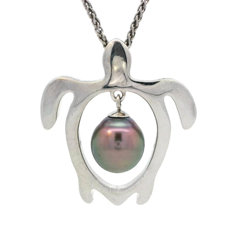 Tahitian Pearl Honu (Turtle) Pendant in Sterling Silver