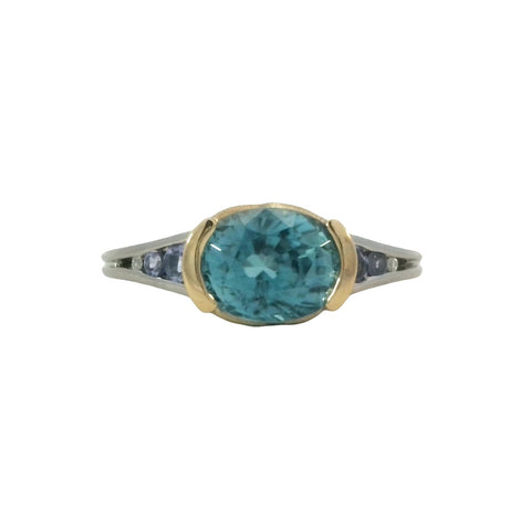 Blue Zircon Ring with Tanzanites