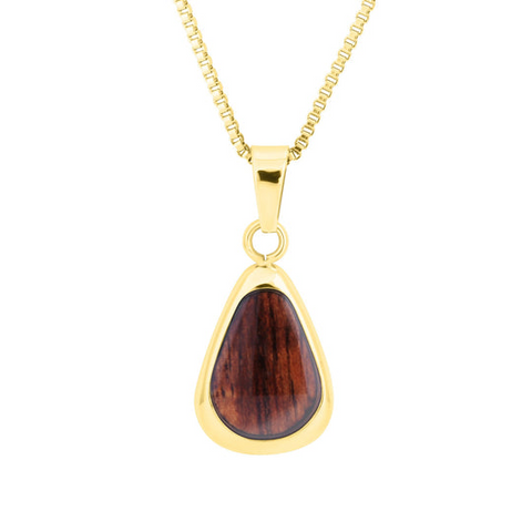 Hawaiian Koa Wood Drop Necklace in Yellow Gold Finish