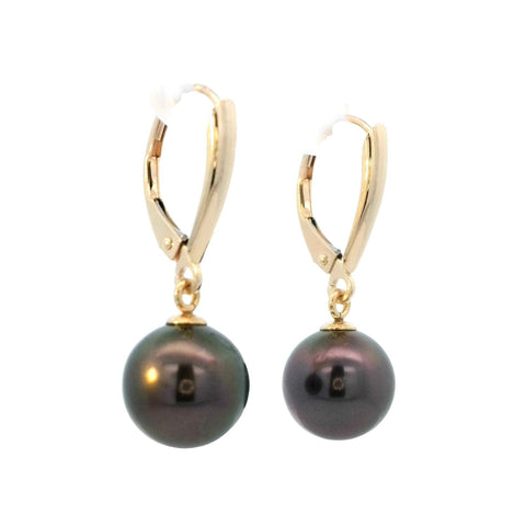 Tahitian Pearl Leverback Dangle Earrings in Yellow Gold