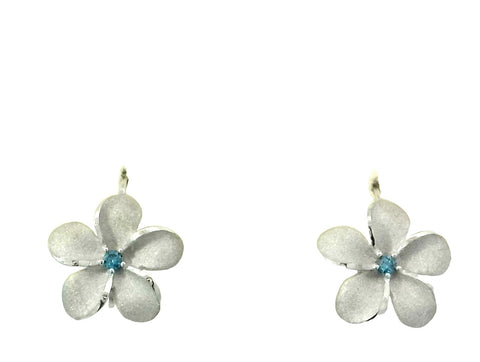 13mm Plumeria Leverback Earrings in White Gold with Blue Diamonds