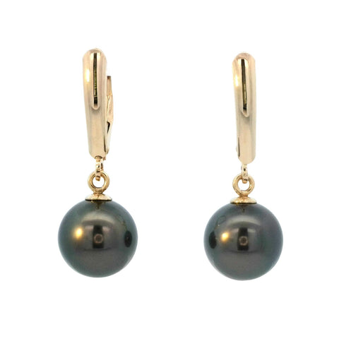 Tahitian Pearl Leverback Dangle Earrings in Yellow Gold