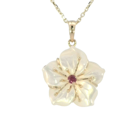 Mother of Pearl Flower Pendant with Ruby
