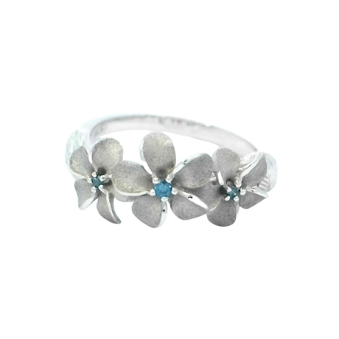 Three Plumeria Ring in White Gold with Blue Diamonds