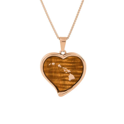 Hawaiian Koa Wood Heart Necklace in Rose Gold Finish
