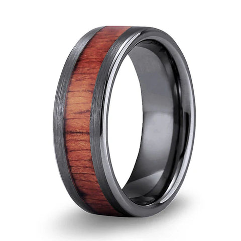 Hawaiian Koa Wood Tungsten Ring - Classic Gunmetal Brushed