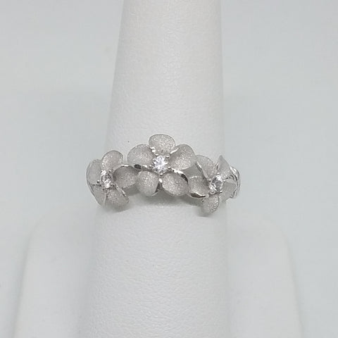 Silver Plumeria with Leaves Ring