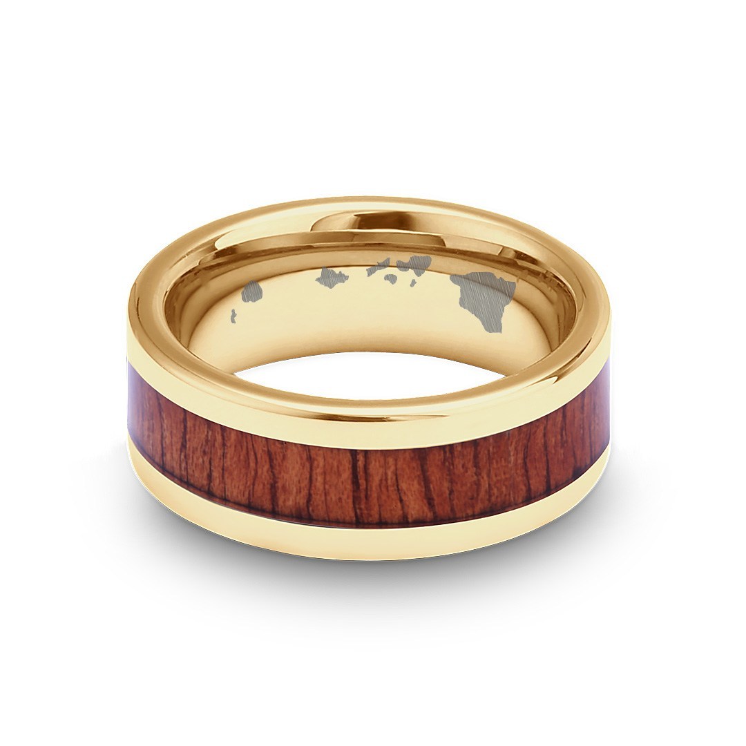 Classic Koa Wood Inlay Tungsten Ring - Yellow Gold Plated