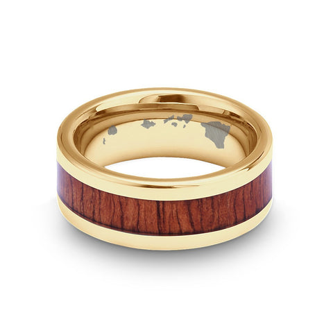 Classic Koa Wood Inlay Tungsten Ring - Yellow Gold Plated
