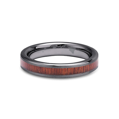 Thin Koa Wood Inlay Tungsten Ring - Gunmetal Brushed Finish