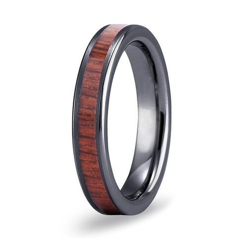 Thin Koa Wood Inlay Tungsten Ring - Gunmetal Brushed Finish