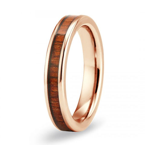 Thin Koa Wood Inlay Tungsten Ring - Rose Gold Plated
