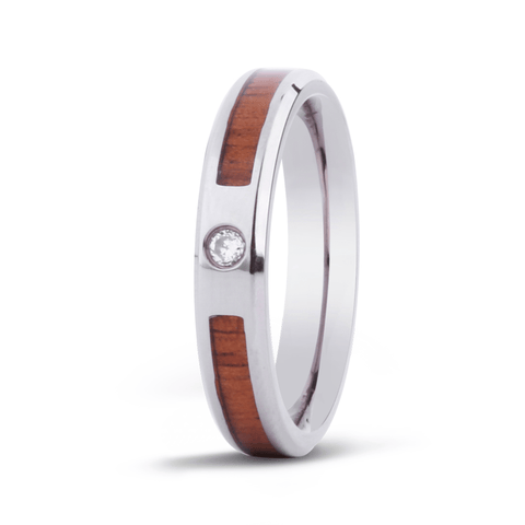 Thin Koa Wood Inlaid Titanium Ring with Diamond