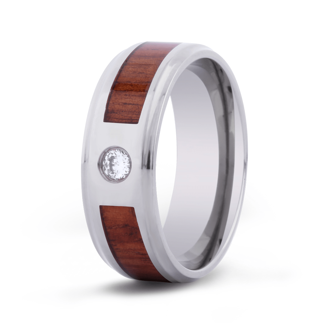 Koa Wood Inlaid Titanium Ring with Diamond